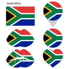Flag of South Africa, set. Correct proportions, lips, imprint of kiss, map pointer, heart, icon. Abstract concept. Vector illustration on white background.