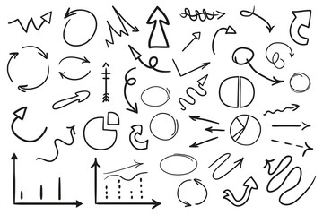Infographic elements on isolation background. Collection of arrows. Highlighters for design. Hand drawn simple arrow. Line art. Set of different signs. Abstract arrows. Doodles for work. Art creation