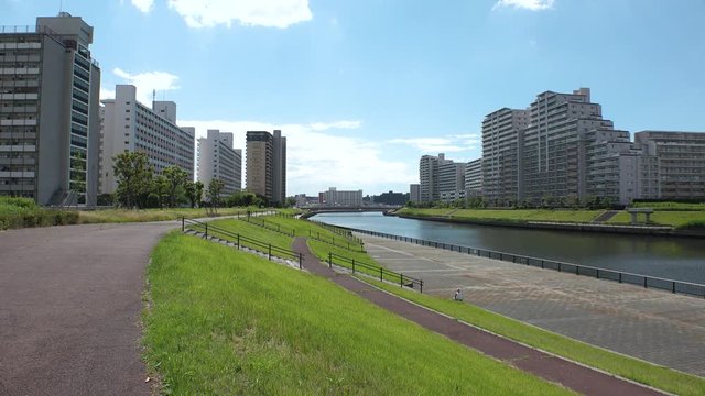 OJI,  TOKYO,  JAPAN - CIRCA JUNE 2018 : Scenery of RESIDENTIAL APARTMENT AREA in Oji area.  This area is famous for HUGE APARTMENT BUILDINGS in Japan.
