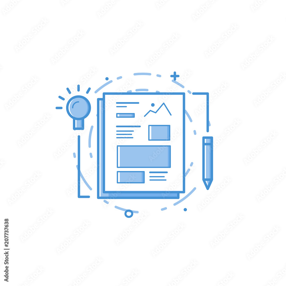 Aufkleber vector business illustration of blue colors web pages, bulb and penin line style. graphic design con