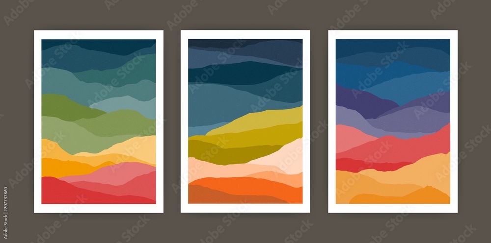 Poster set of vertical backgrounds or card templates with abstract waves or hills of warm vivid colors. bun