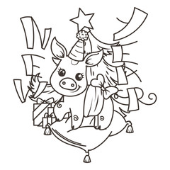 Happy New 2019 Year card with cartoon baby pig. Small symbol of holiday.