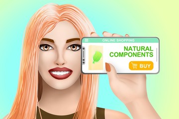 Concept goods with natural components buy online. Drawn nice girl on colored background. Illustration
