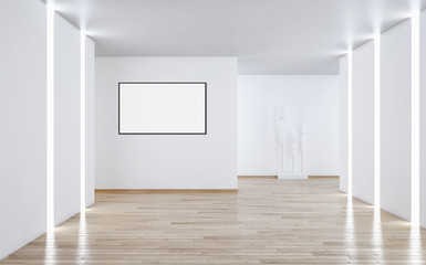 Modern bright interiors empty room with mockup poster frame 3D rendering illustration
