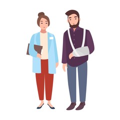 Female doctor or medical adviser and patient with broken arm standing together isolated on white background. Man with orthopedic cast at clinic or hospital. Cartoon vector illustration in flat style.