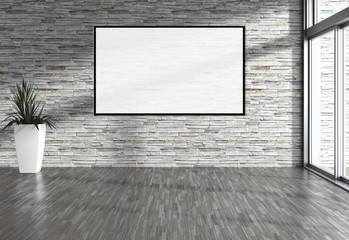 Modern bright interiors empty room with mockup poster frame 3D rendering illustration