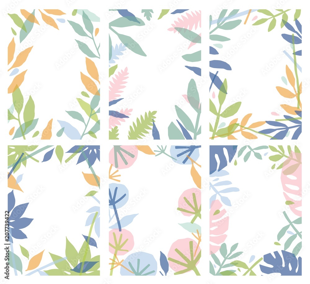 Poster Bundle of vertical natural backgrounds decorated with colorful leaves. Collection of floral card templates with tree foliage. Set of creative frames. Modern vector illustration in flat style.