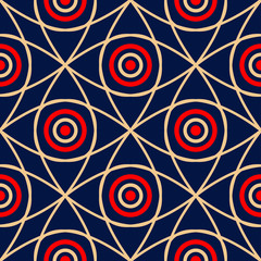 Geometric blue seamless pattern. Red and beige print