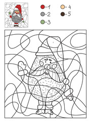 New Year coloring for children by numbers. Santa Clause, vector illustration.