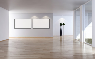 Modern bright interiors empty room with mockup poster frame 3D rendering illustration