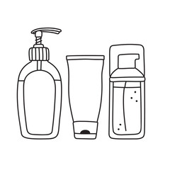 Set of toiletries - liquid soap, cream and facial wash in dispenser bottles and tube, line drawing, illustration isolated on white background. Drawing of liquid soap, cream and facial wash