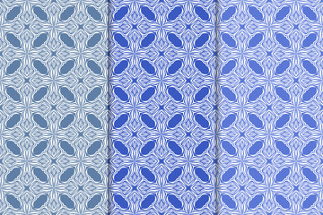 Set of floral ornaments. Vertical blue seamless patterns