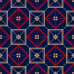 Geometric blue seamless background. Colored red and beige pattern