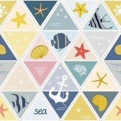 Geometric seamless pattern with sea cartoon creatures © Rouz
