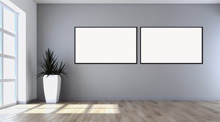 Modern bright interiors empty room with mockup poster frame 3D rendering illustration