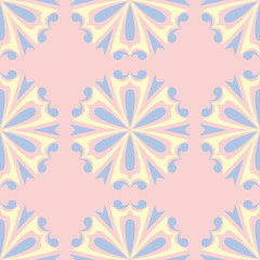 Fototapeta na wymiar Pink floral seamless pattern with light blue and yellow flower elements