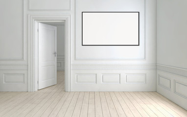 Modern bright interiors empty room with mockup poster frame 3D rendering illustration