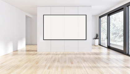 Modern bright interiors empty room with mockup poster frame 3D rendering illustration