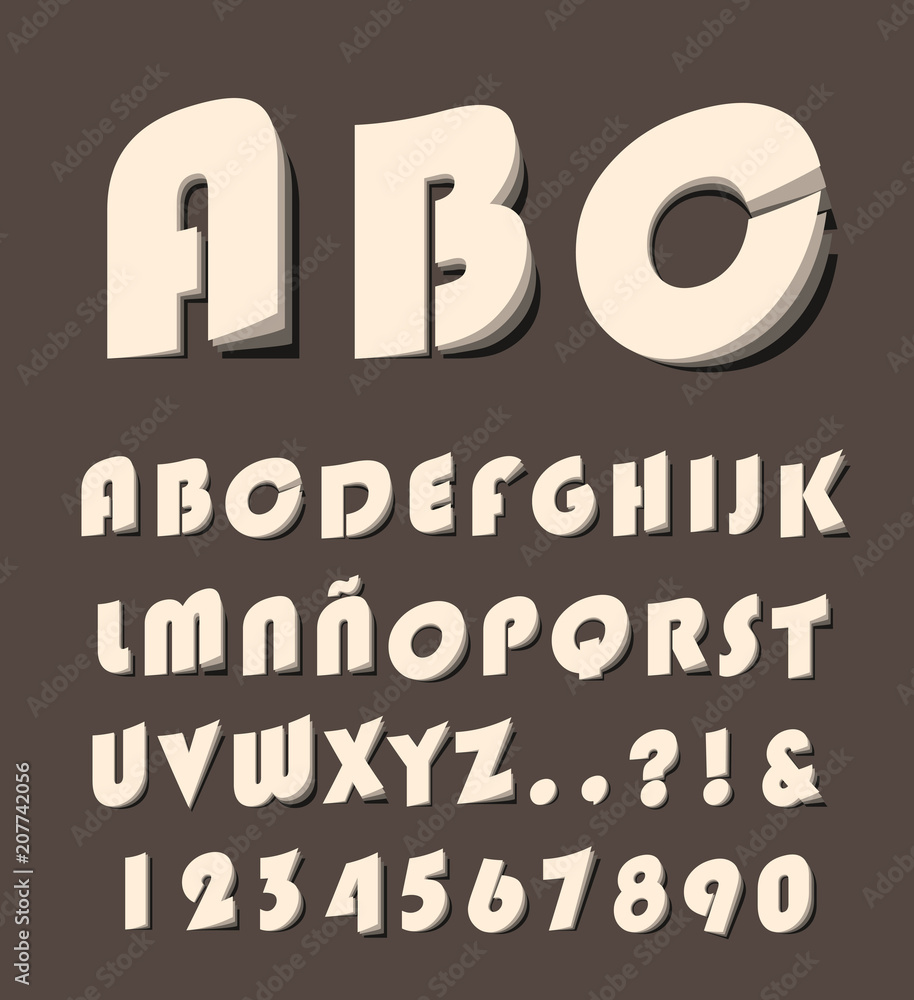 Poster high quality modern alphabet with cutted and folded letters from a to z , numbers and signs on color