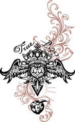 Vector illustration of winged heart, crown and apple. Hand drawn retro tattoo flying heart