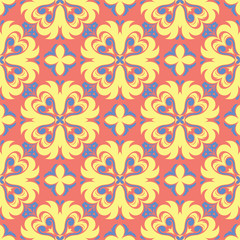 Fototapeta premium Flower design seamless pattern. Bright yellow and blue flower elements on salmon red background