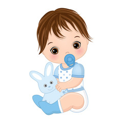 Vector Cute Baby Boy with Toy Bunny. Vector Baby Boy Shower
