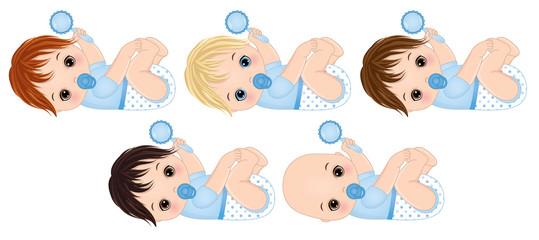 Vector Cute Baby Boys with Rattles. Vector Baby Boy Shower