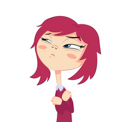 Offended girl with red hair crossed her arms looking away