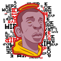 Black man with a halo on the background of the inscriptions hip hop