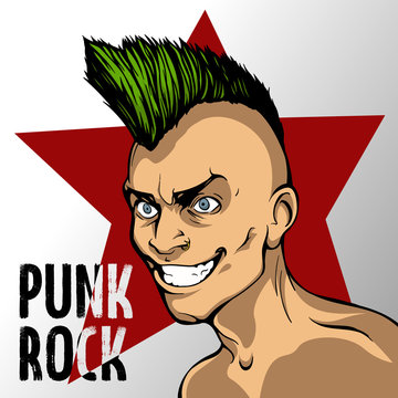 A man with a green mohawk on the background of a red star and an inscription of punk rock