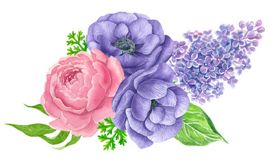 Watercolor bouquet of anemone, lilac and peony flowers  isolated on white background. Element for design.