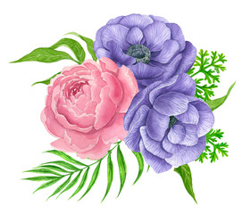 Watercolor bouquet of anemone and peony flowers  isolated on white background. Element for design.