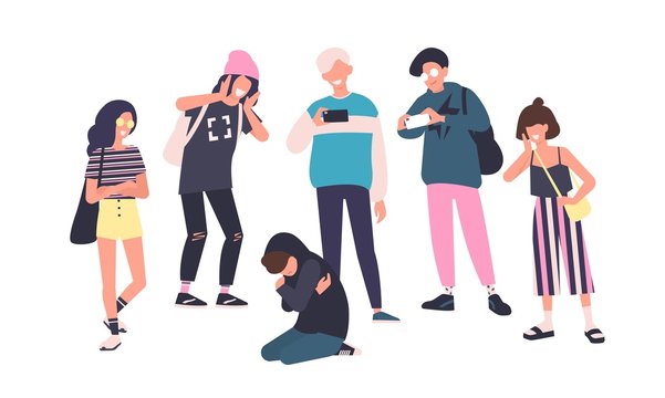 Sad teenage boy sitting on floor surrounded by classmates mocking him, scoffing, taking photos on smartphones. Problem of mockery and bullying at school. Flat cartoon colorful vector illustration.
