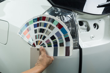 Auto body repair series: Comparing car color with color chart