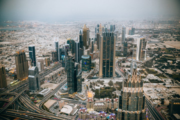 Dubai Sheikh Zayed road from Burj Khalifa with buildings wide angle.