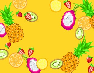 Bright summer fruits: kiwi, apple, orange, lemon, pineapple, dragon fruit and Strawberry on yellow background, copyspace