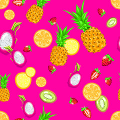 Bright summer fruits: kiwi, apple, orange, lemon, pineapple, dragon fruit and Strawberry. Seamless illustration pattern