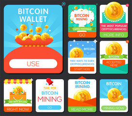 Big set bitcoin banner. Blockchain. Golden coin with bitcoin symbol. Digital money. Push notifications. vector illustration