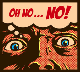 Pop art comic book style man in a panic with terrified eyes and face staring at something shocking or dreadful vector illustration