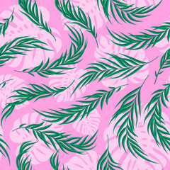 Palm tree and Monstera leaves tropical pattern.