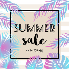 Summer sale - palm tree and monstera leaves tropical background.