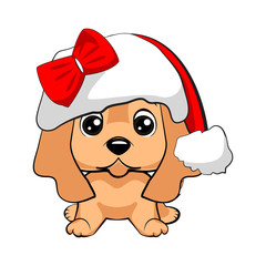 Red-haired happy dog in a red jacket with a white collar and with red hat with a white pompon on a white background.
