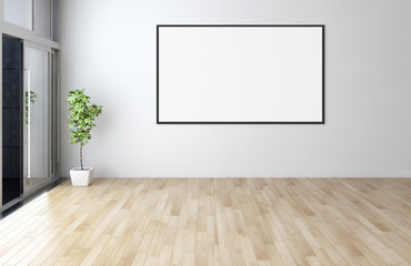 Modern bright interiors empty room with mockup poster frame 3D rendering illustration