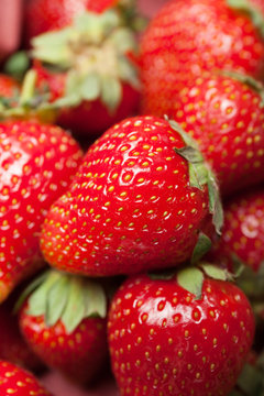 Basket of fresh strawberry harvest, bio dessert delicious.