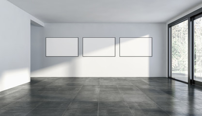 Fototapeta na wymiar Modern bright interiors empty room with mockup poster frame 3D rendering illustration
