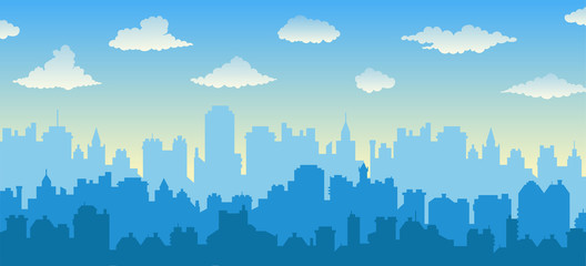 Flat cityscape with blue sky, white clouds over city and sunset/sunrise. Modern morning city skyline panoramic vector background. Urban city tower illustration, wallpaper. Silhouette of skyscrapers.  