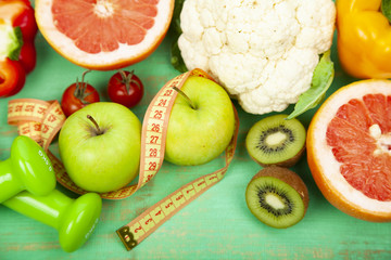 Food for diet and dumbbells