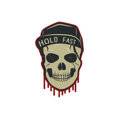 Skull character with blood stains, cap. Vintage hand drawn street style. Urban city attributes. Retro colors style. Hipster skull icon. Stock isolated on white background