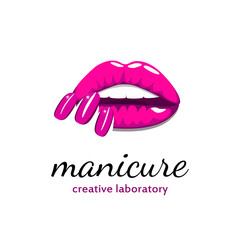 Beautiful girl lips with bright pink manicure nails. Beauty Logo, banner, poster. Vector illustration
