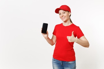 Delivery woman in red uniform isolated on white background. Female in cap, t-shirt, jeans working...